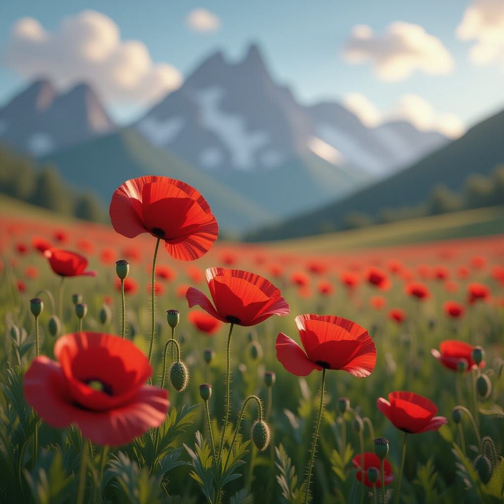 Poppy Field and Mountain Landscape in Dreamy Style