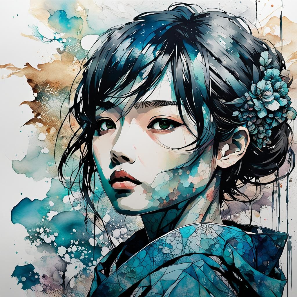 Anime Portrait in Wabi-Sabi and Art Nouveau Styles