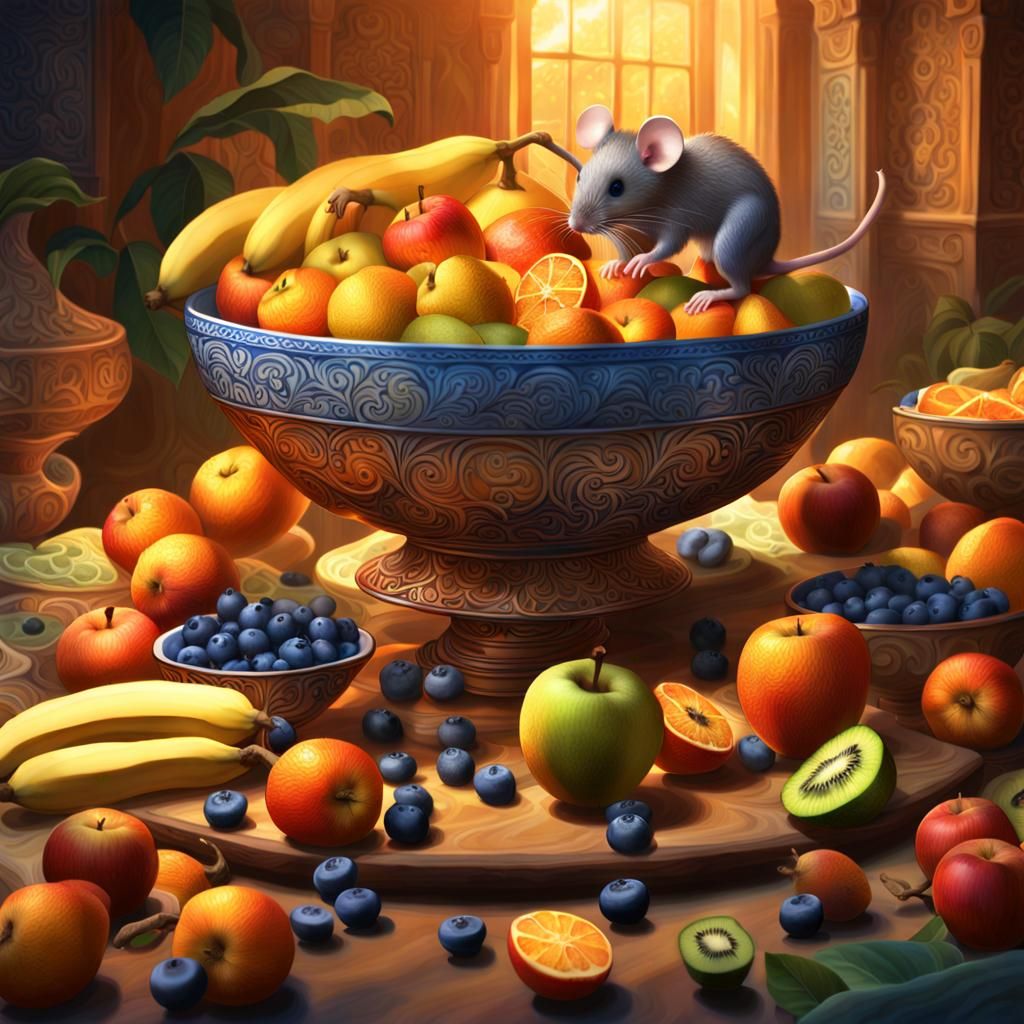 Mouse Enjoys Fruit Bowl in Golden Light