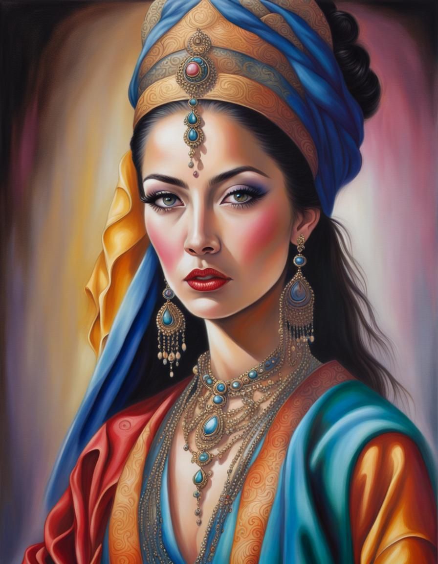 The most beautiful, magical, exotic, oriental, and mystic Queen ever, make up, oriental 
 clothes, jewelry, hyperrealism...