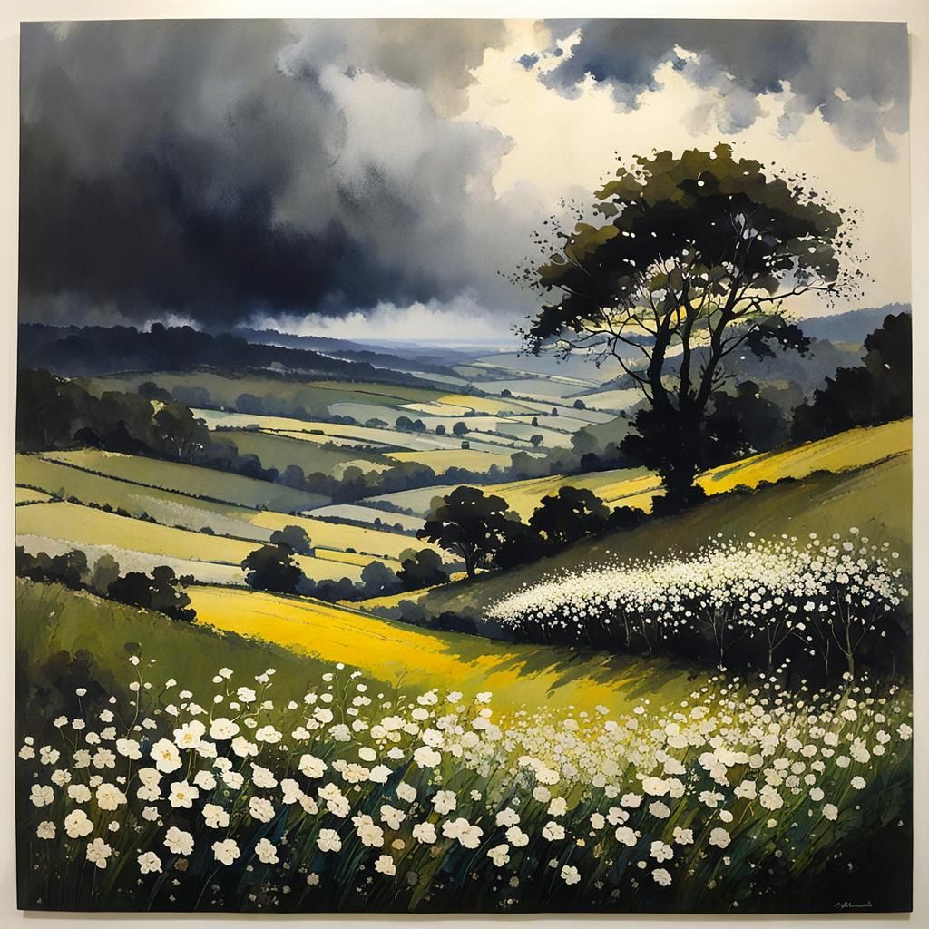 Dramatic Landscape with Flowers in Watercolor Style