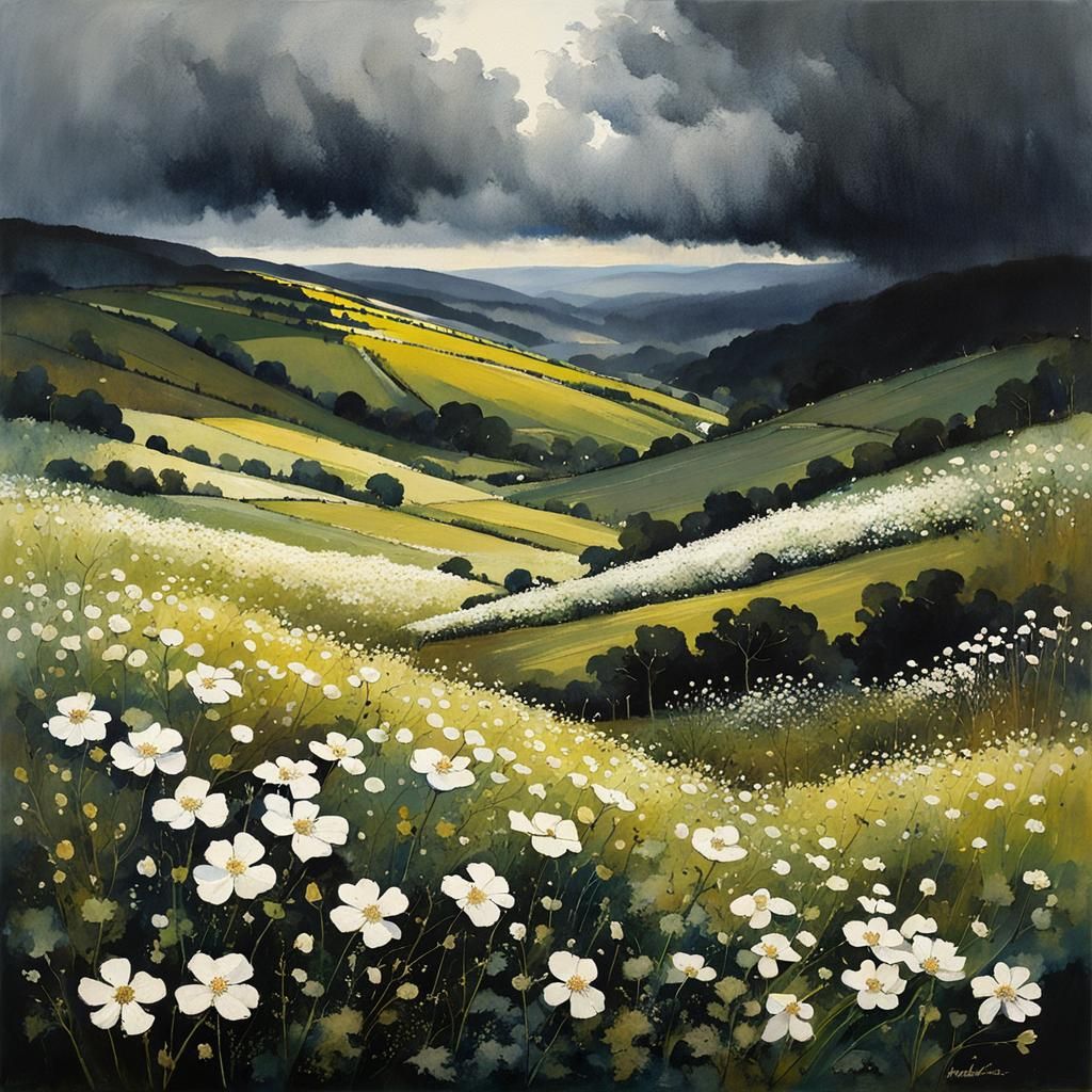 Detailed Landscape: White Flowers Under Storm Clouds
