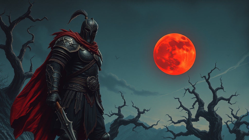 Warrior in Crimson Armor Under Blood Moon