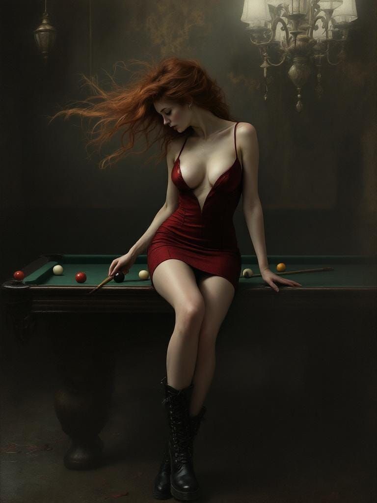 Woman with Red Hair in Pool Hall, Gothic Style