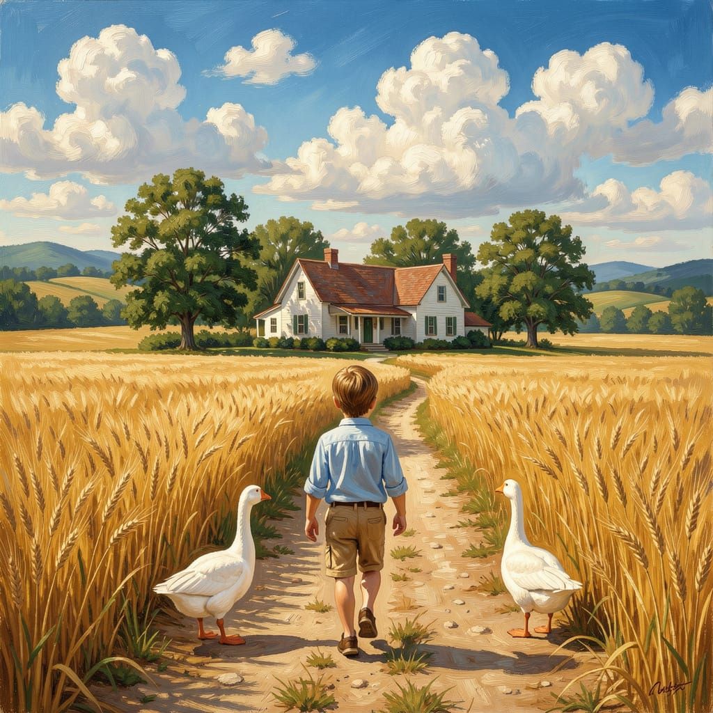 Boy Walks Through Golden Wheat Field with Geese