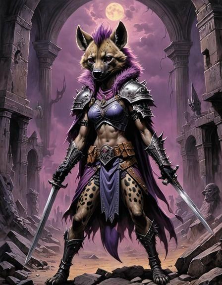 Furry Hyena Warrior in Occult Temple, Charcoal Art