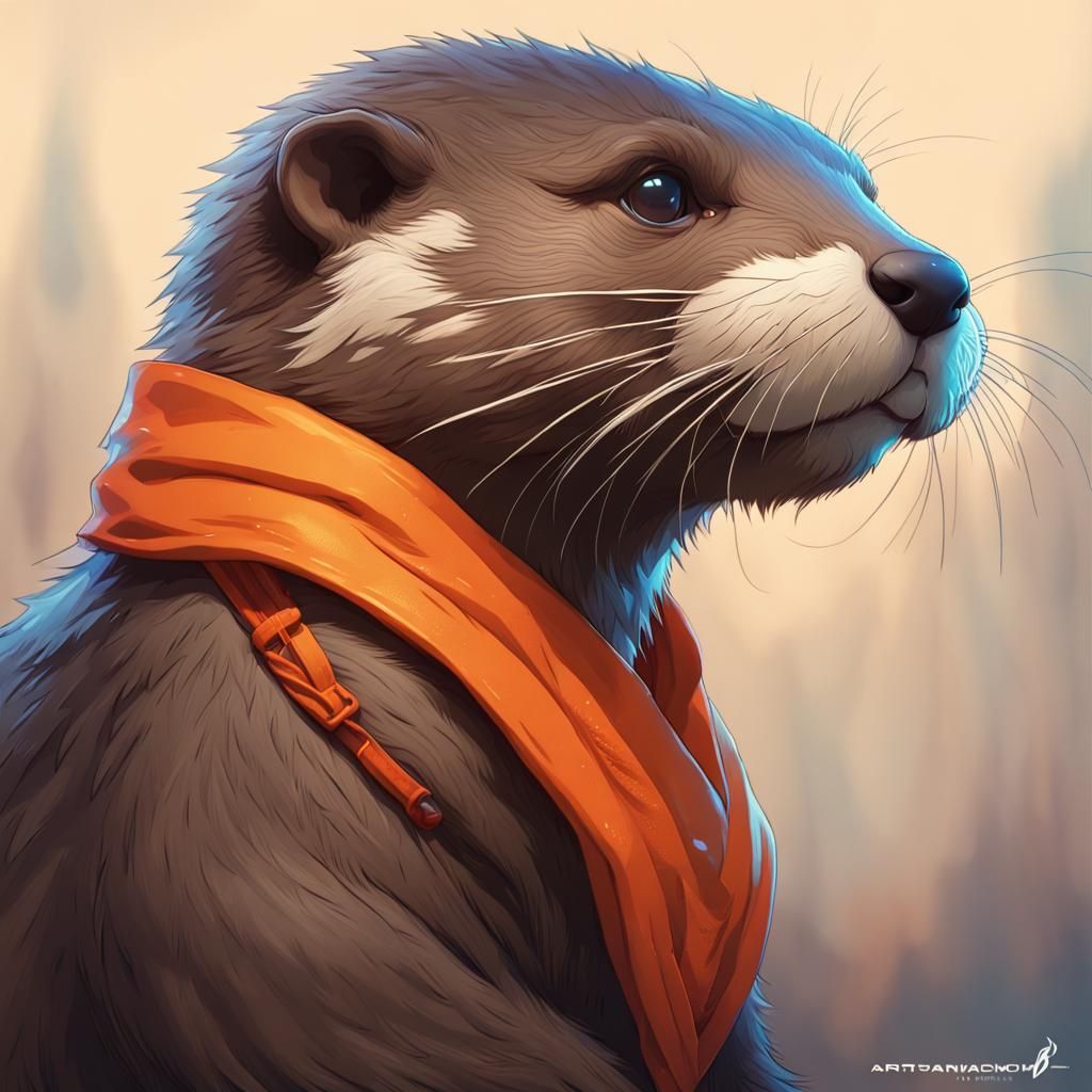 Fluffy Otter Portrait with Bandana, Detailed Concept Art