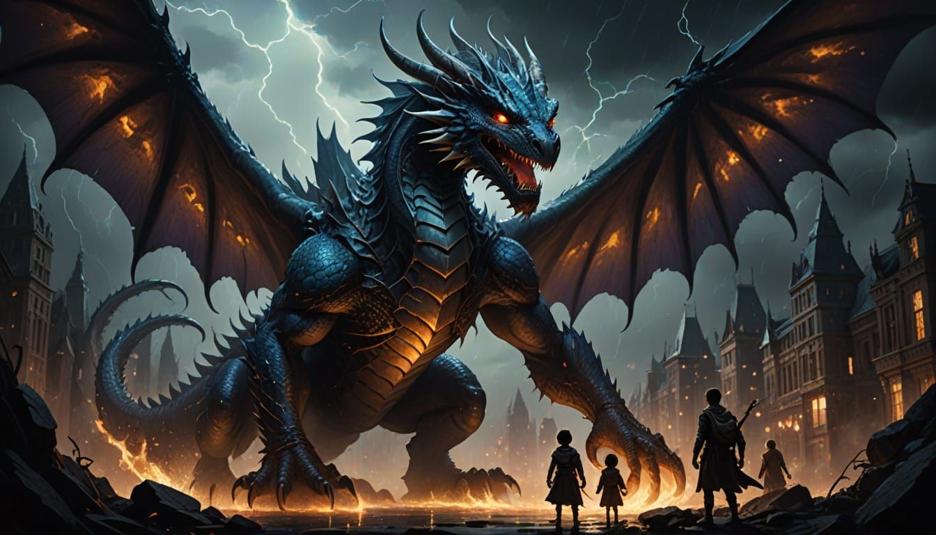 Dragon Cradling Children in Storm, Epic Cinematic Style