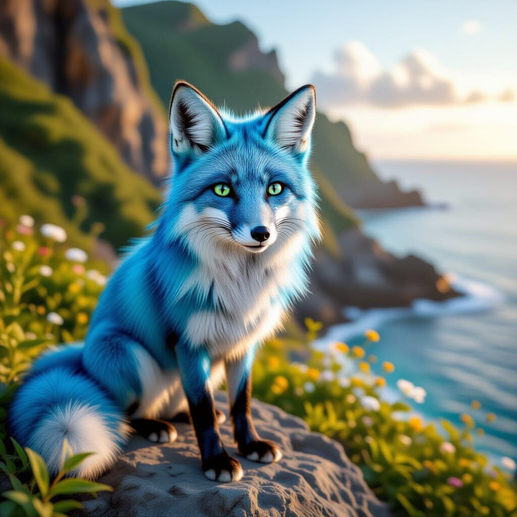 Photorealistic Blue Fox Summer Cliffside Scene