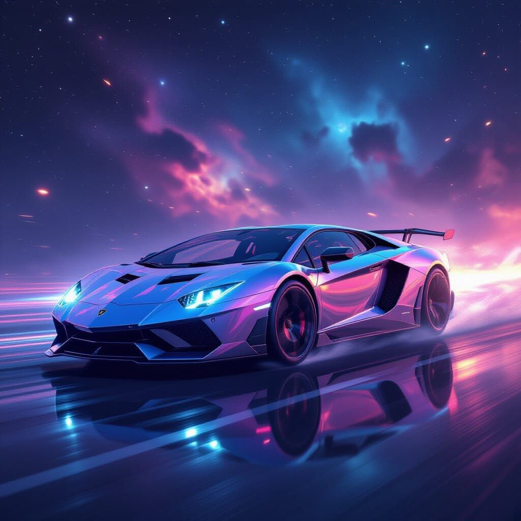 Lamborghini Speeds Through Nebula in Sci-Fi Art