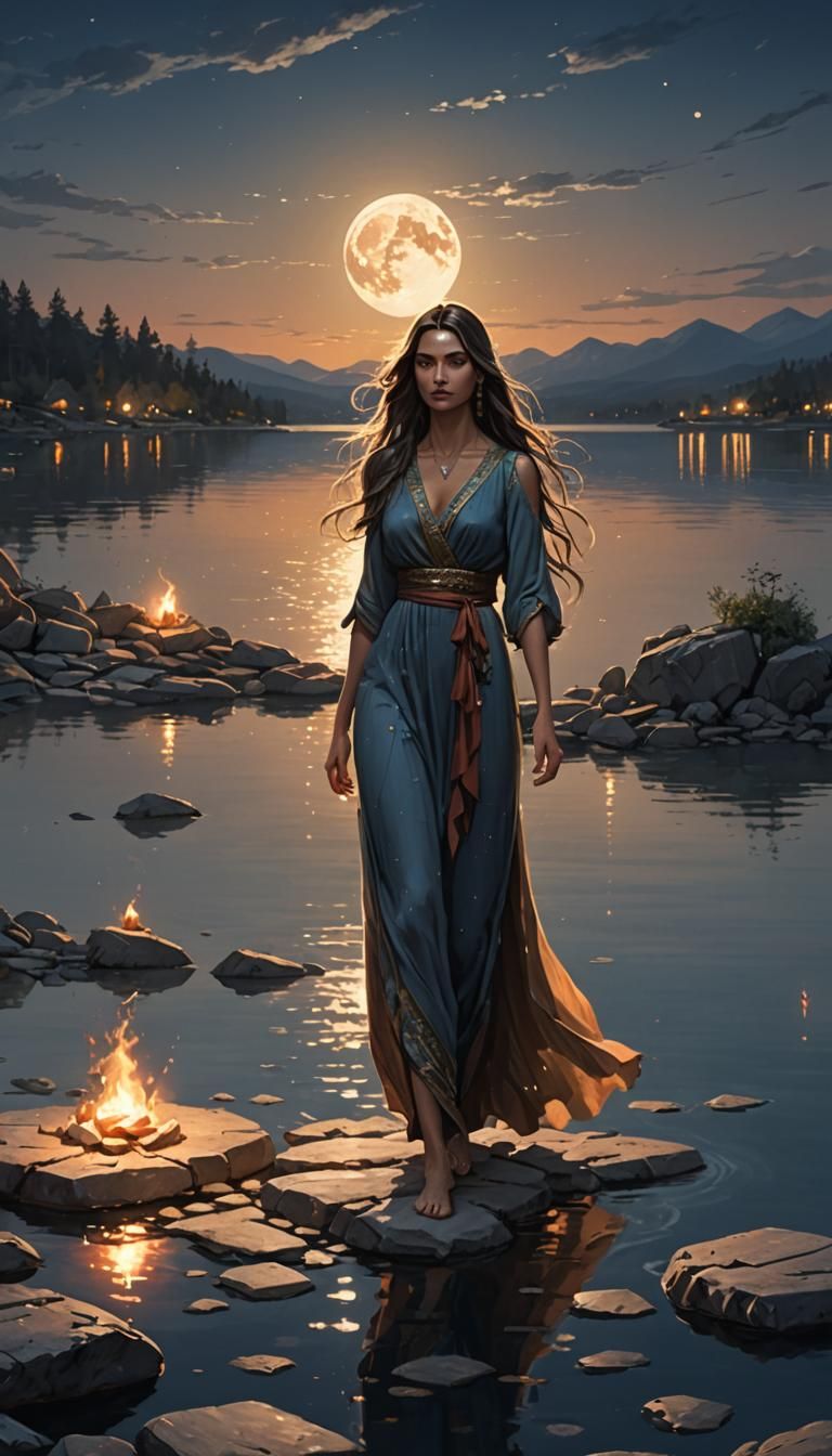 Lakeside Woman Walks on Firelit Stones