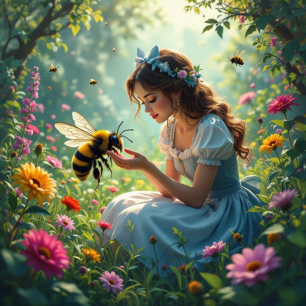 Alice and Bee in Whimsical Fantasy Garden