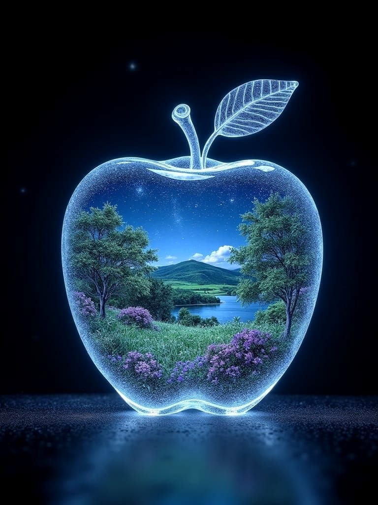 Crystal Apple Masterpiece with Radiant Starry Night Sky