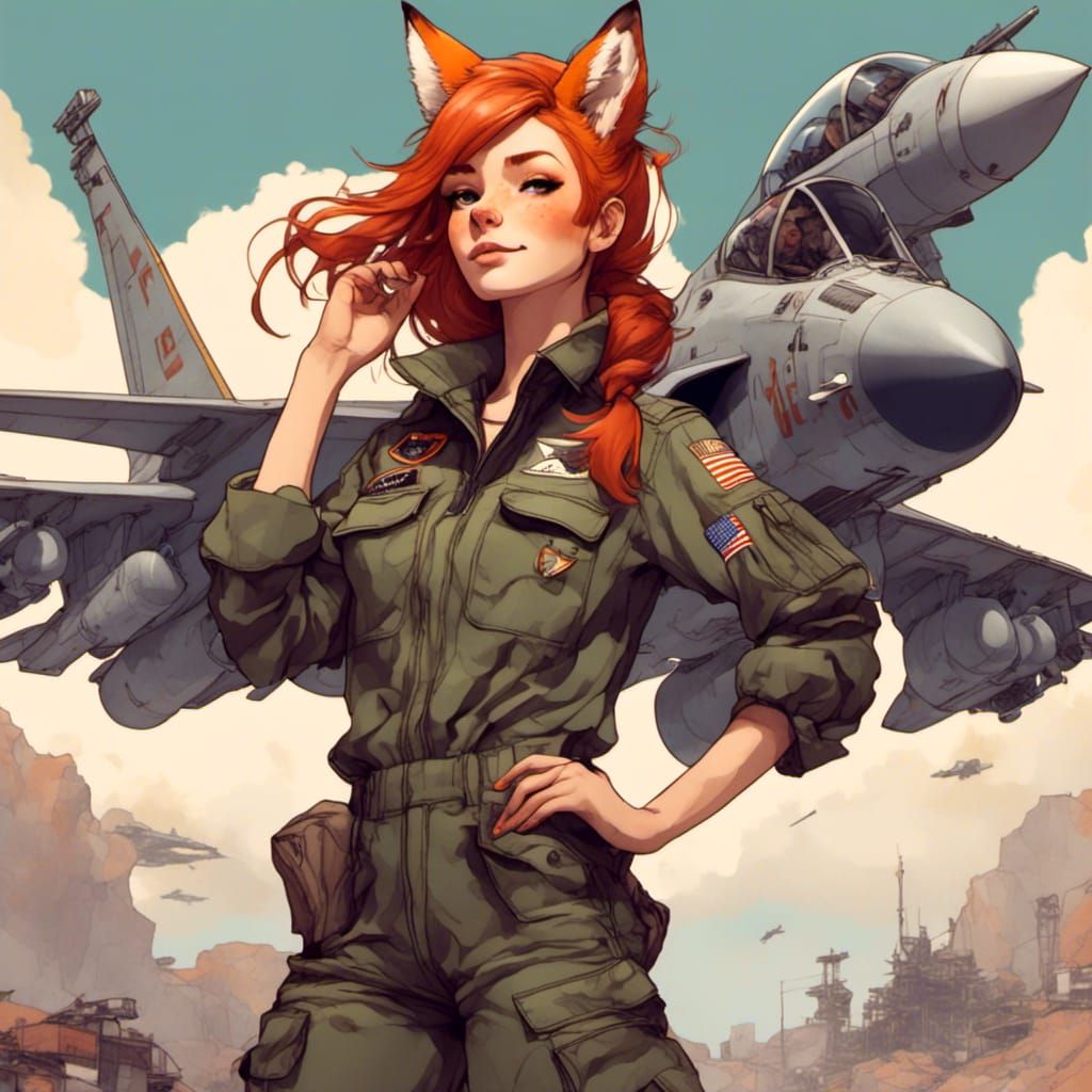 Fox-girl VIXEN  wearing military flight suit, saluting the camera