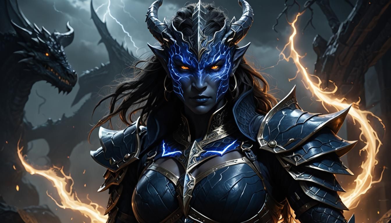 Dragonborn Sorcerer with Lightning Magic in Fantasy Art Styl...