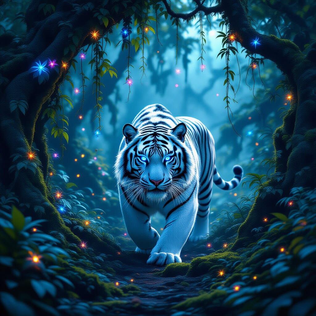 White Tiger Prowls Jungle in Hyperrealistic Fantasy Art