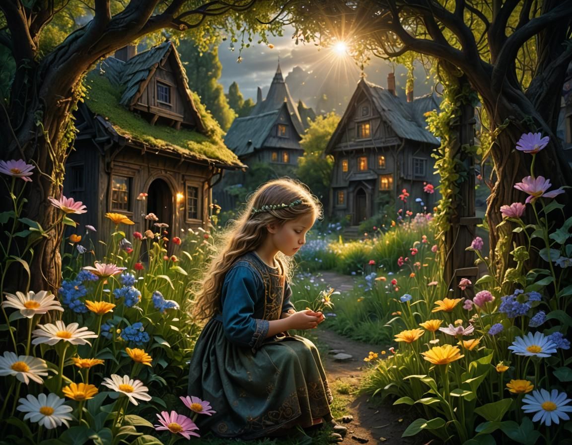 Sunlit Garden Between Dark Houses