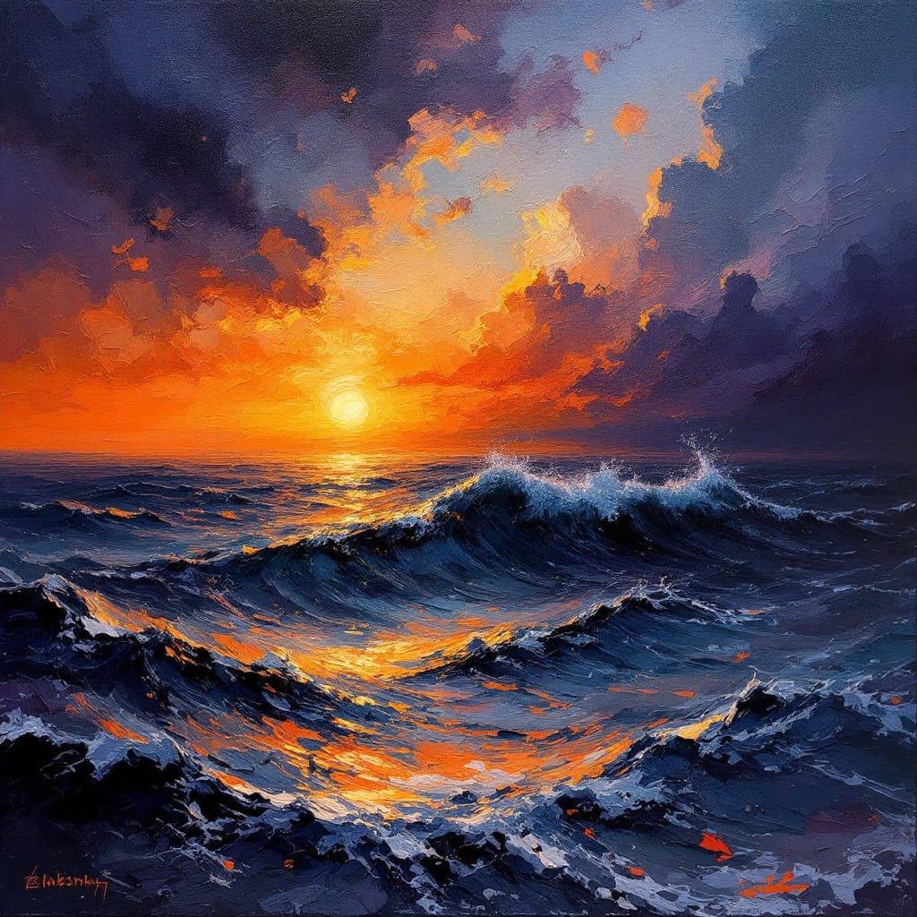Impasto Oil Painting of Stormy Sea at Sunset