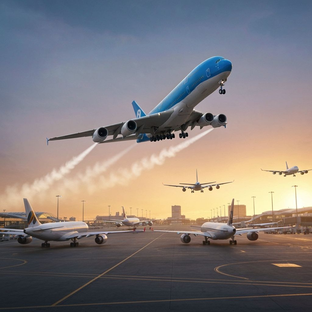 Commercial Airliner Ascending from Bustling Airport