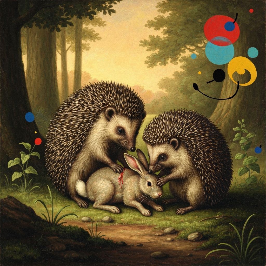 Hedgehogs Tend Wounded Rabbit in Forest Clearing