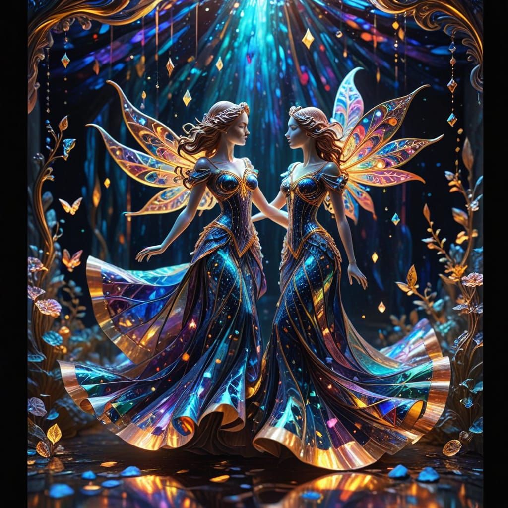 Surreal Stained Glass Harlequin and Columbine Dance in a Cos...