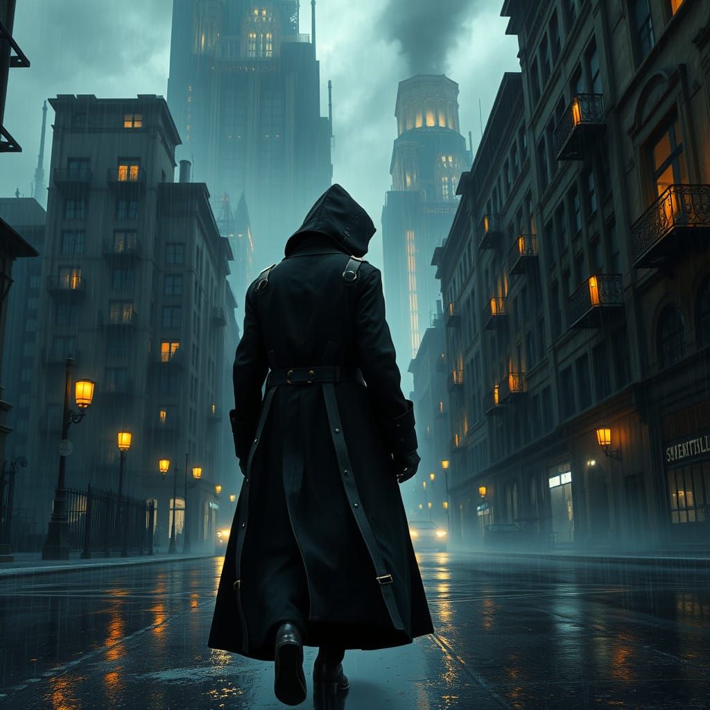 Steampunk Figure Walks Alone on a Stormy Night in a Victoria...