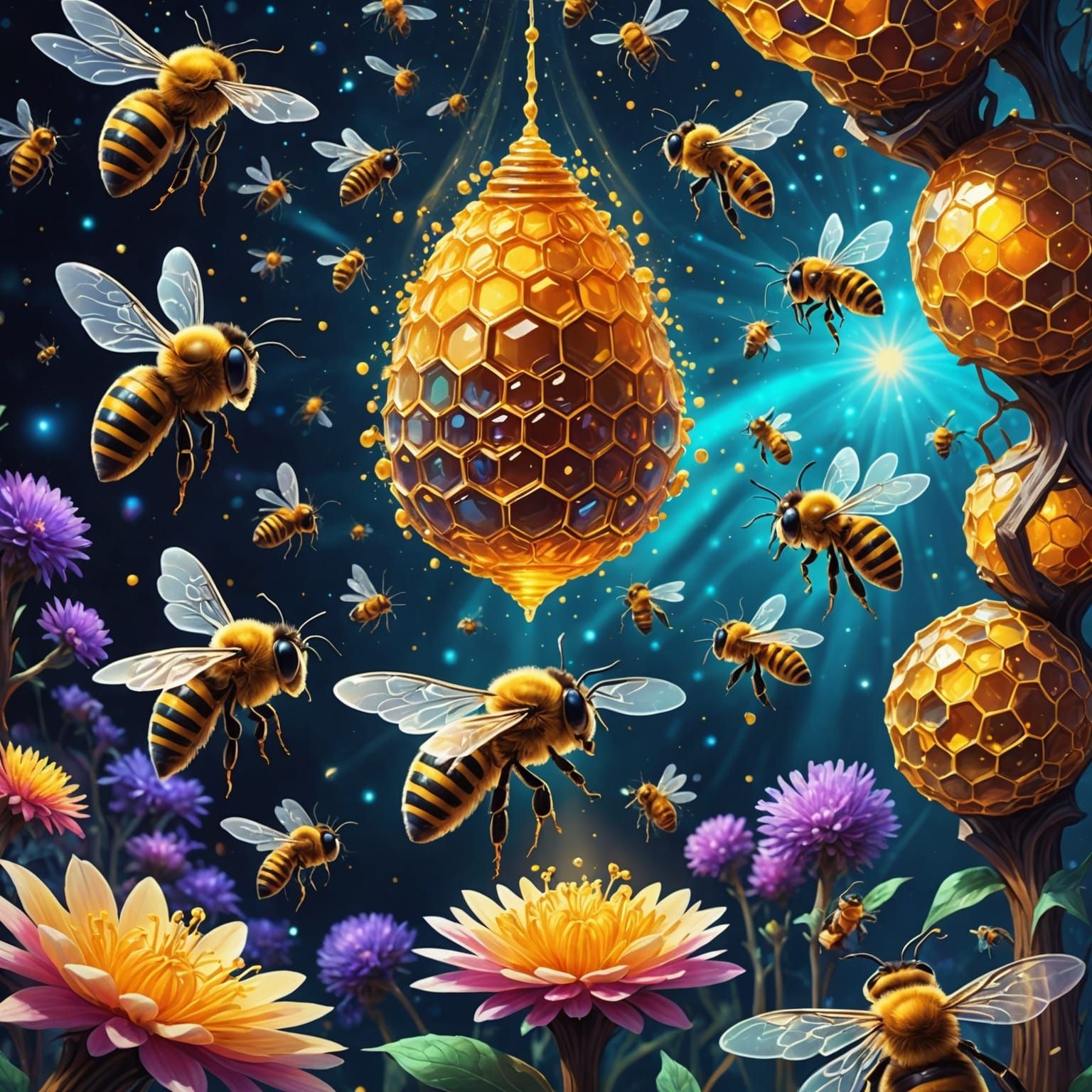 Bees Making Honey: Cosmic Holographic Illustration