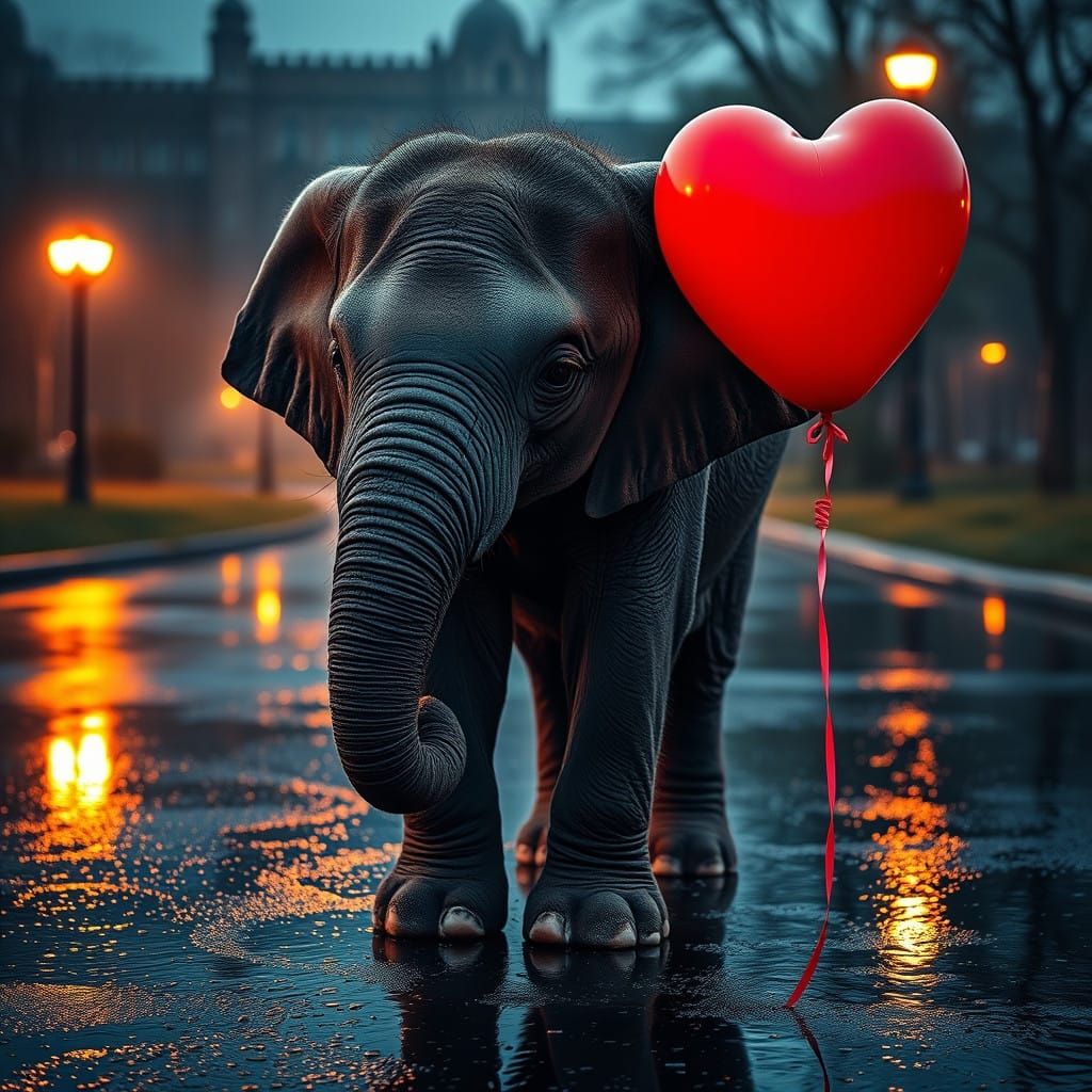 Monochromatic Baby Elephant with Heart-Shaped Balloon by Str...