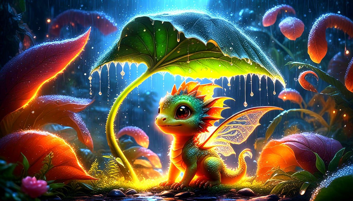 Vibrant Fairy Dragon Soars Under Rainy Jungle Blooms