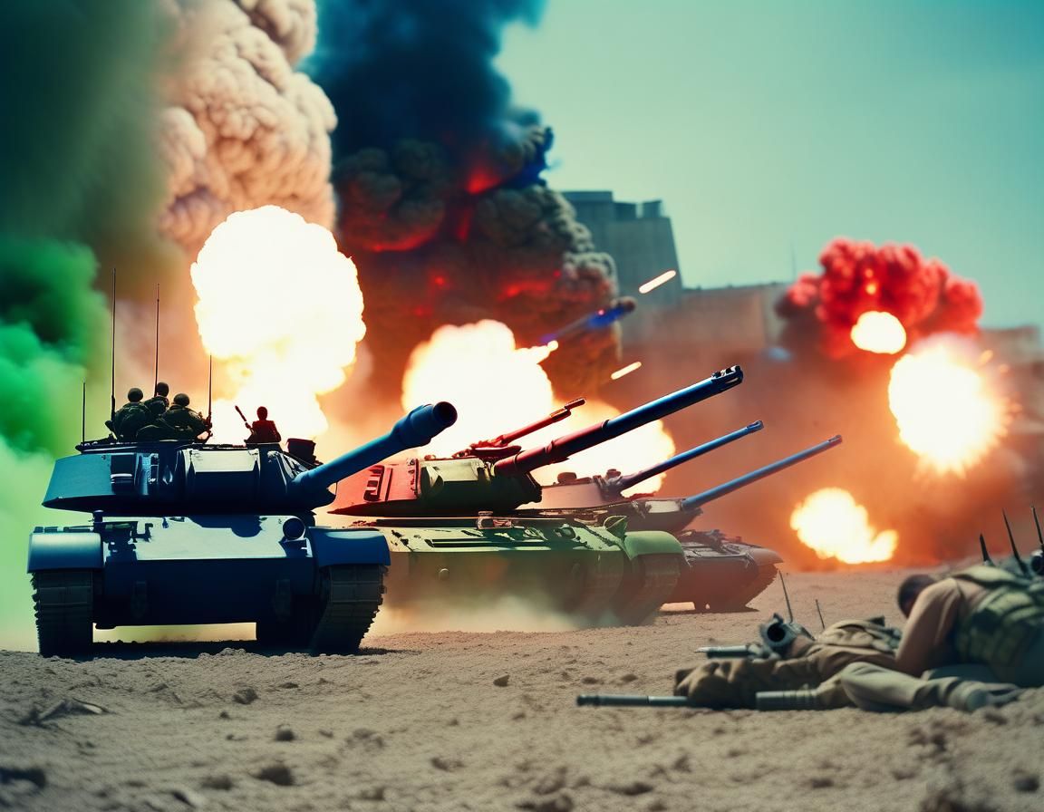 Epic Cinematic War Scene with Tanks and Explosions