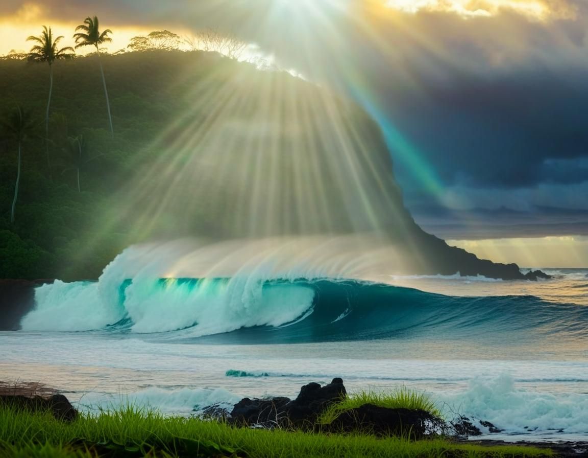 Hawaiian Jungle Beach with Crashing Waves at Sunset