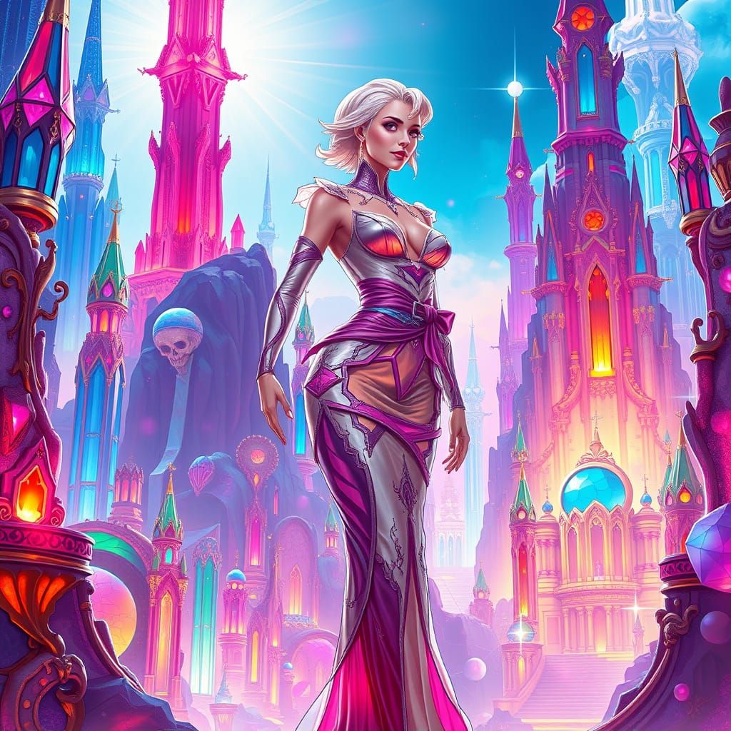 Crystalline Figure in Futuristic Cityscape