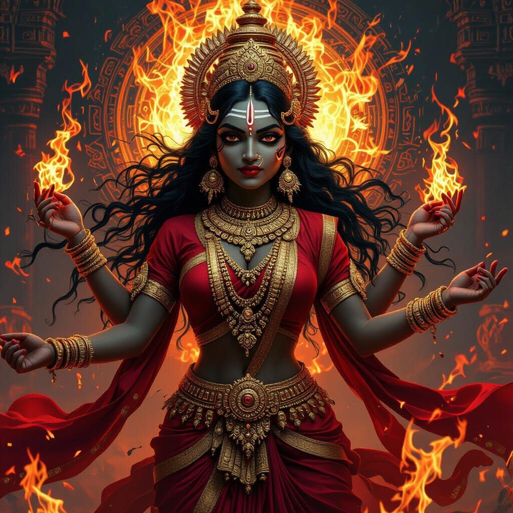Vibrant Kali Maa Goddess in Fiery Indian Patterns