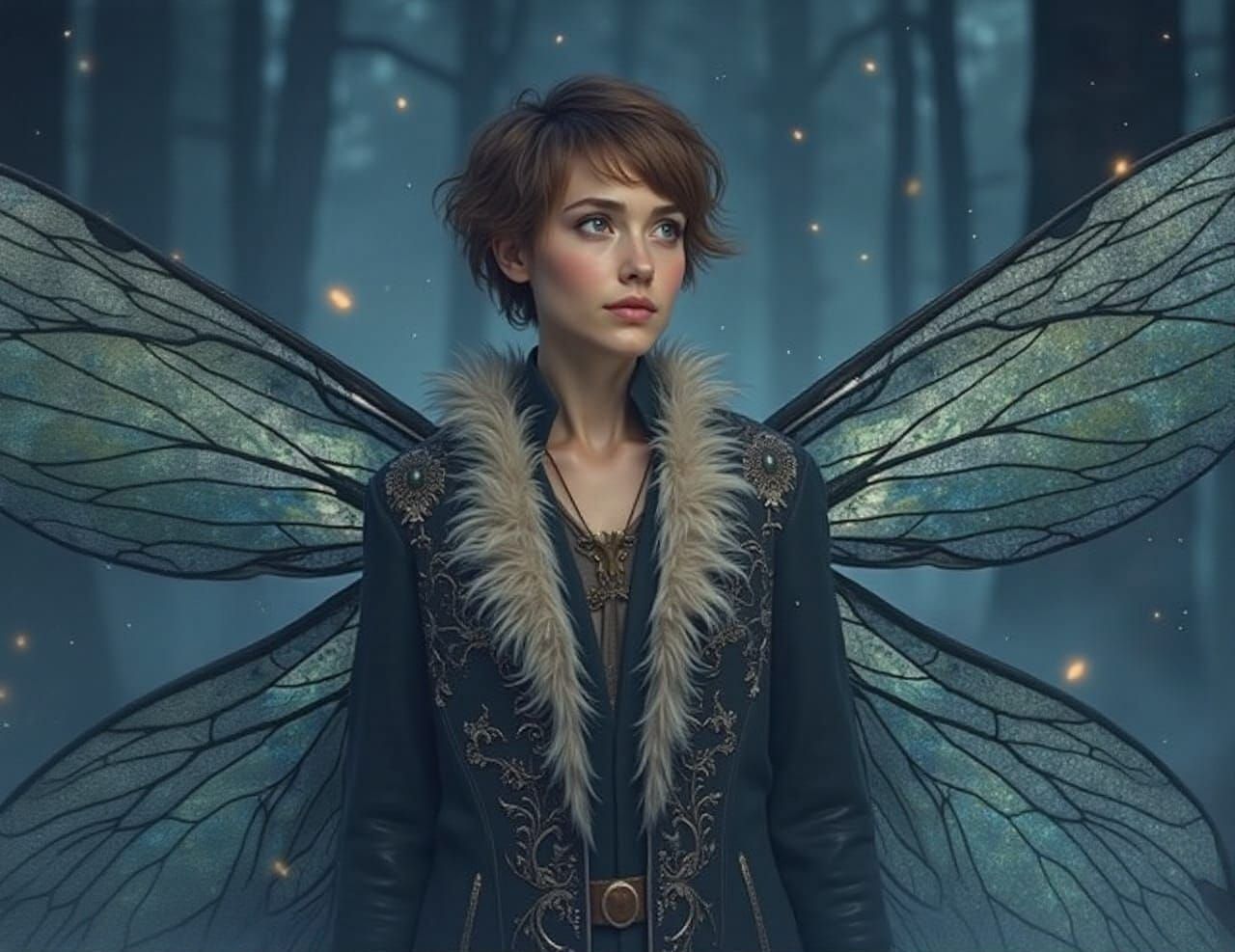 Fantasy Forest at Night with Fairy and Fireflies