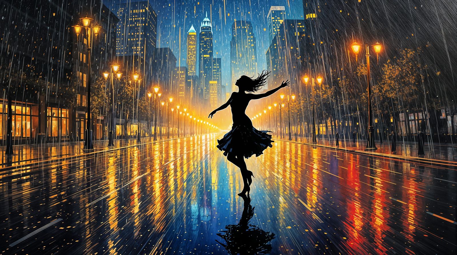 Vibrant Night Dance in Heavy Rain