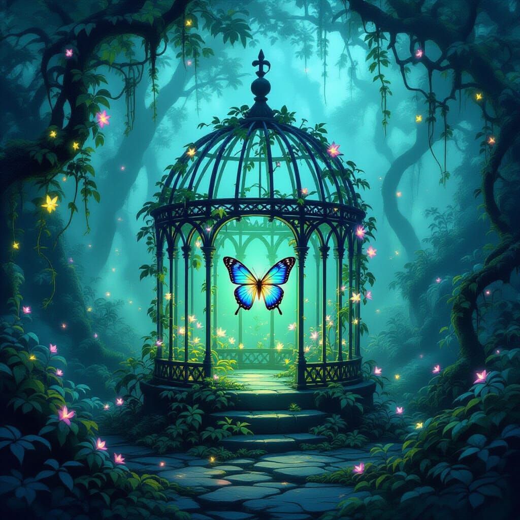 Ethereal Forest Birdcage with Glowing Flowers