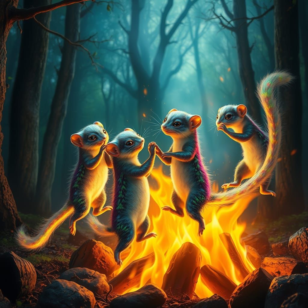 Mystical Weasels Dance in Enchanted Forest