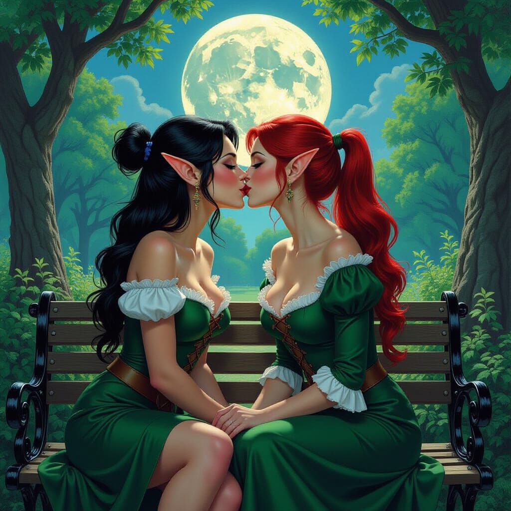 Elven Lovers' Kiss in Fantasy Oil Painting Style
