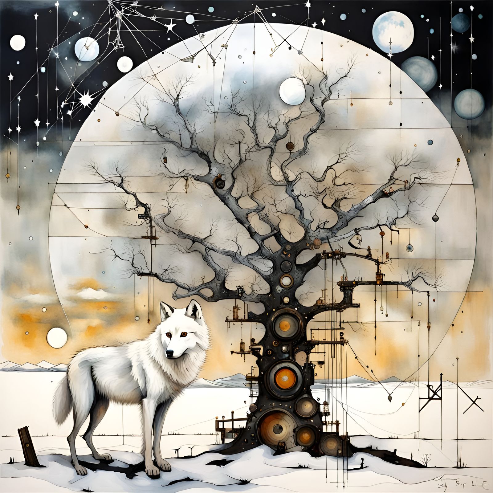 Steampunk Tree and Wolf Constellation in Winter