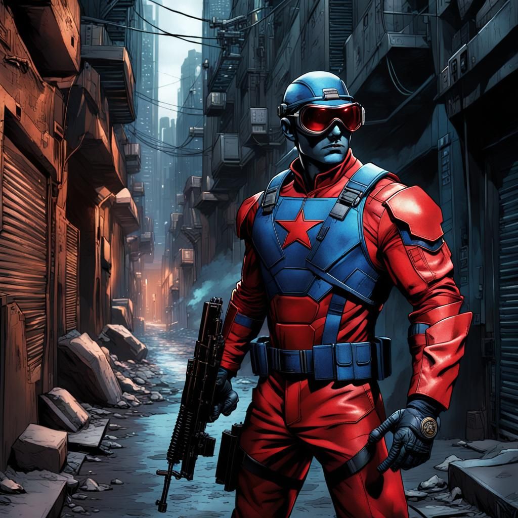 Hero with Machine Gun in Comic Book Style