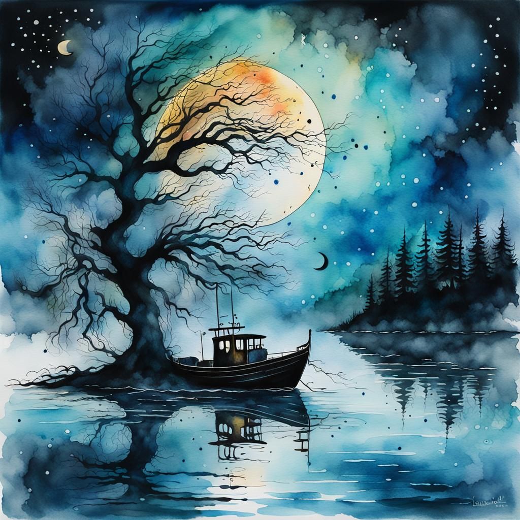 Eerie Boat in Dreamlike Watercolor Ink-Splatter Art