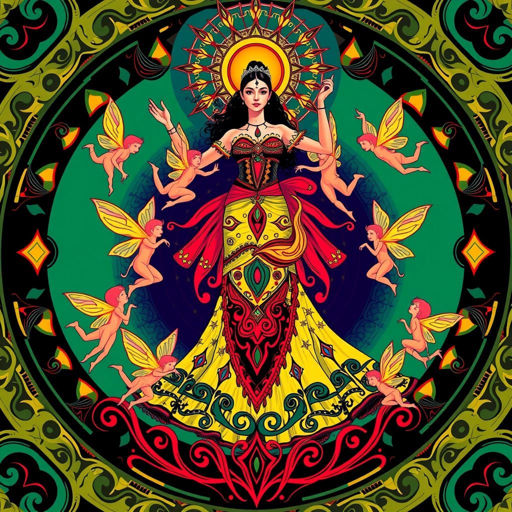 Mystical Tribal Goddess Surrounded by Whimsical Fairies in V...