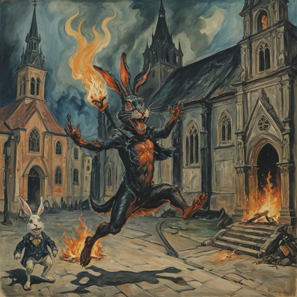 Demonic Rabbit Leaps Near Burning Church