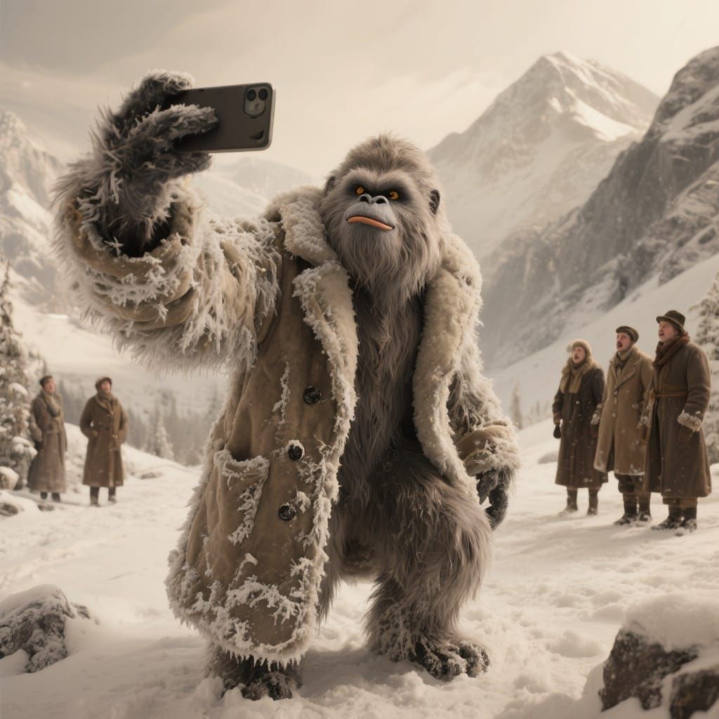 Yeti Selfie in Snowy Mountains, Sepia Tone