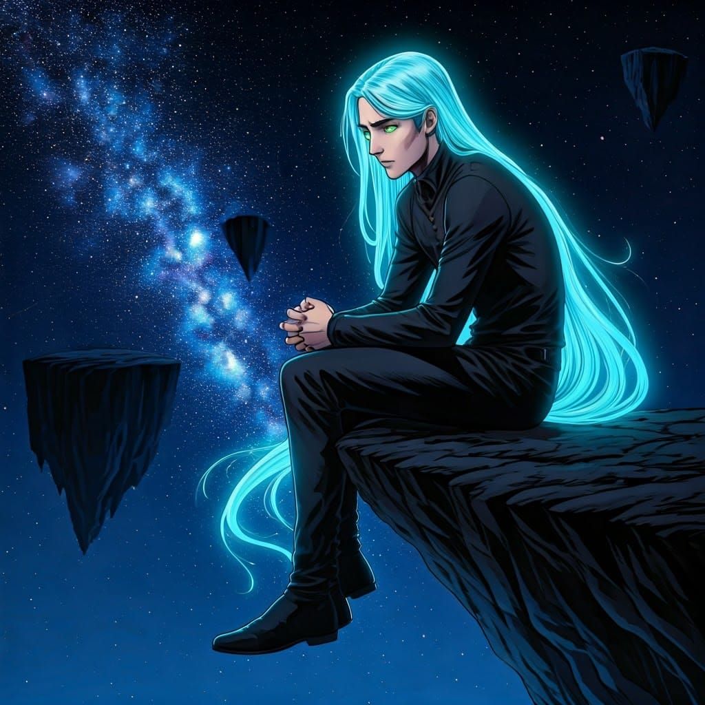 Brooding Figure at Cliff Edge under Starry Sky