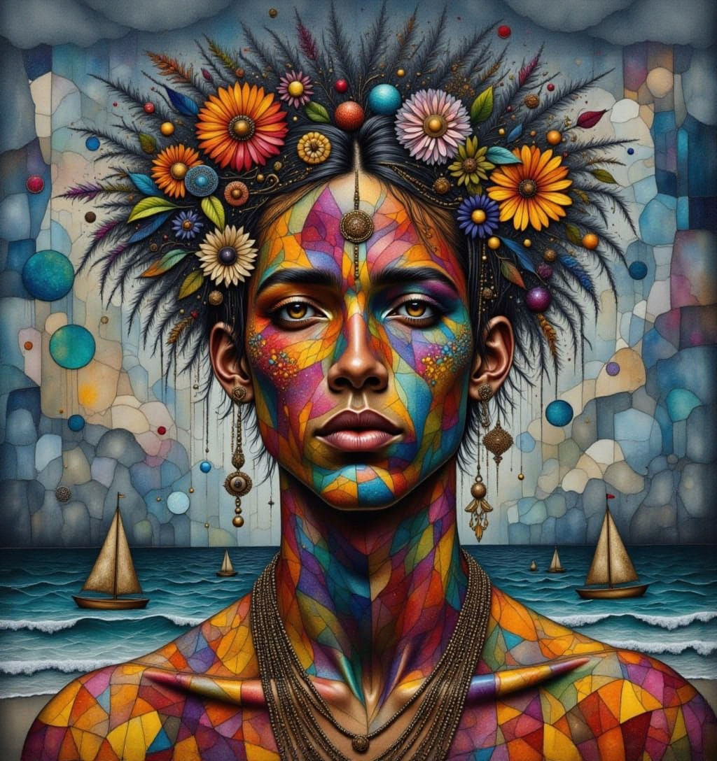 Geometric Polynesian Man on Beach in Dark Rainbow Hues