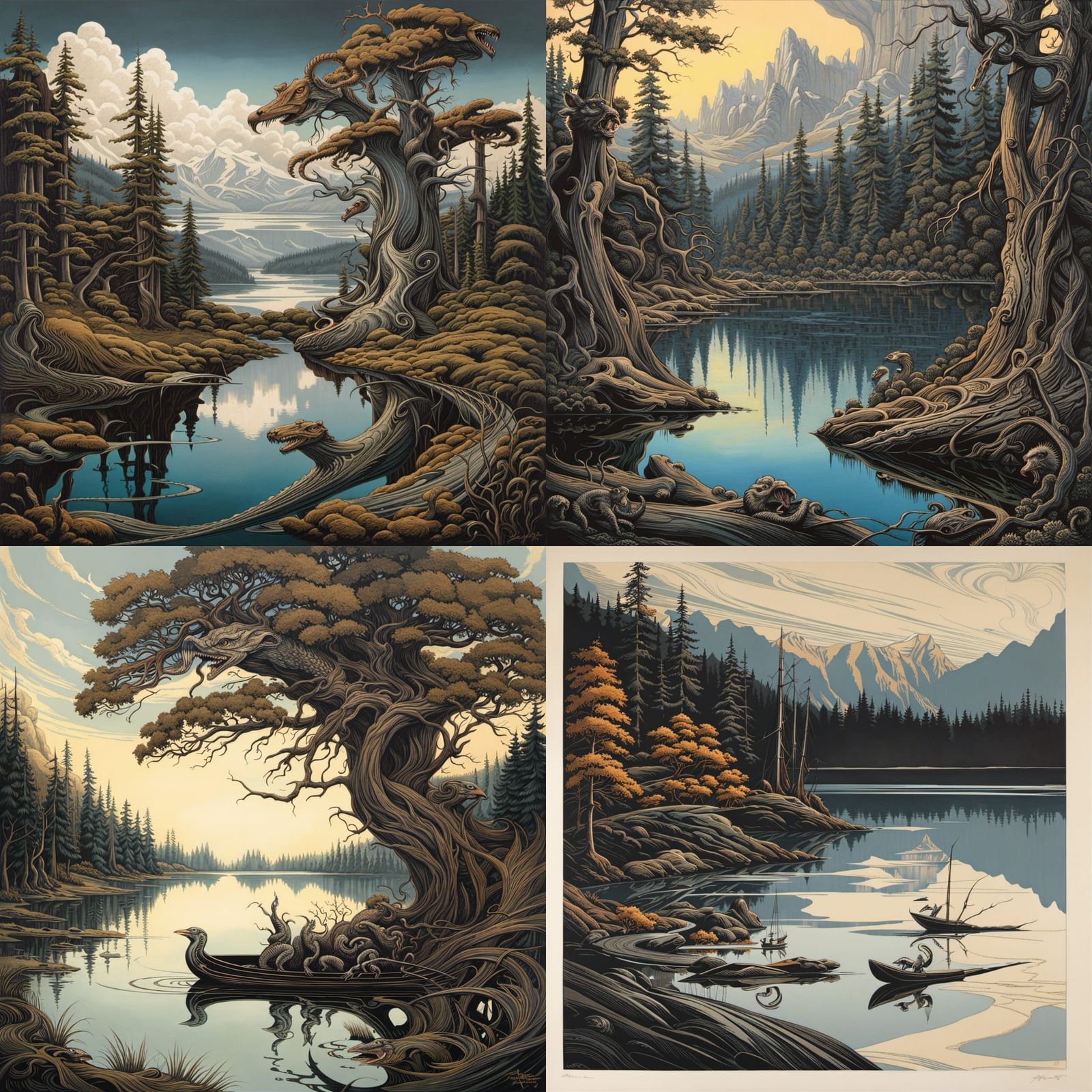 Tranquil Lake Reflections in Detailed Pen-and-Ink Style