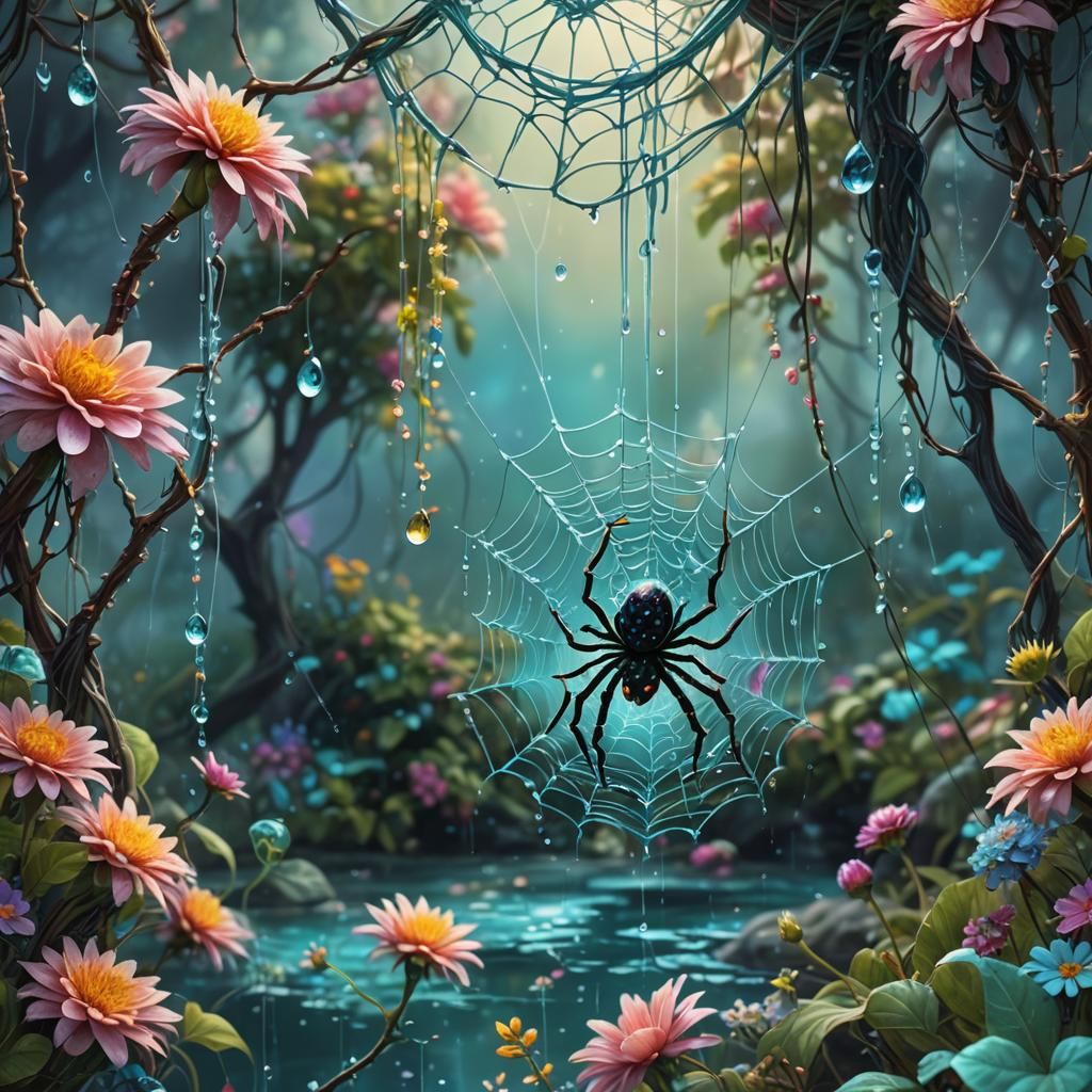 Fantasy Spider Web with Flowers in Pastel Colors