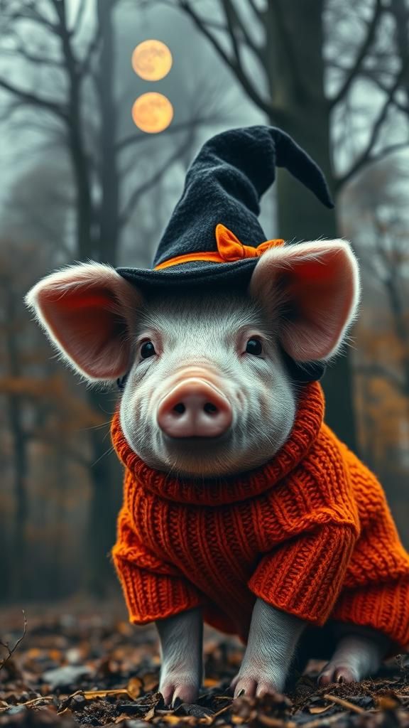 Halloween Piglet in Autumnal Scene
