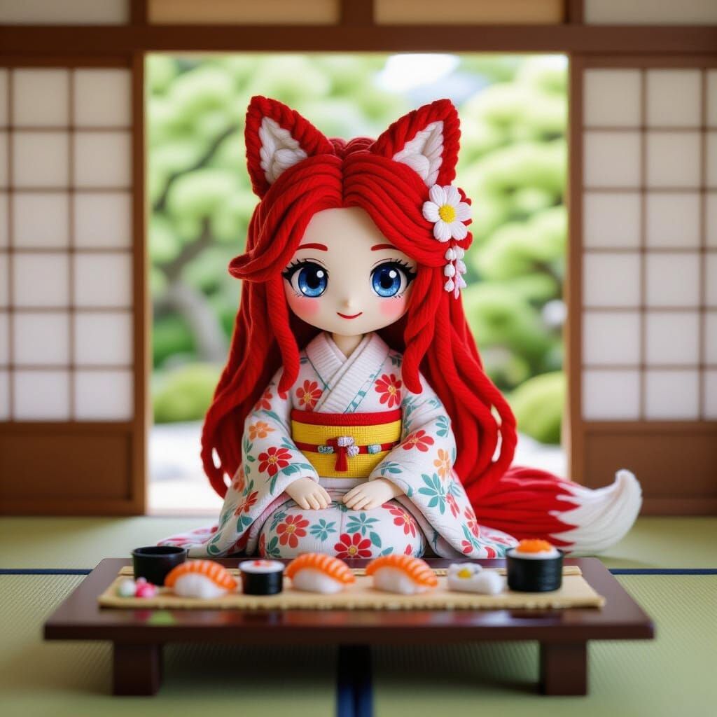Cute Kitsune Fox Woman Enjoys Sushi: 3D Yarn Art